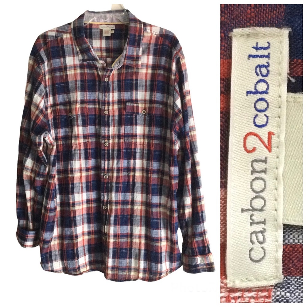 CARBON 2 COBALT 100% Cotton Plaid Long Sleeve Button Shirt Men’s Sz XL